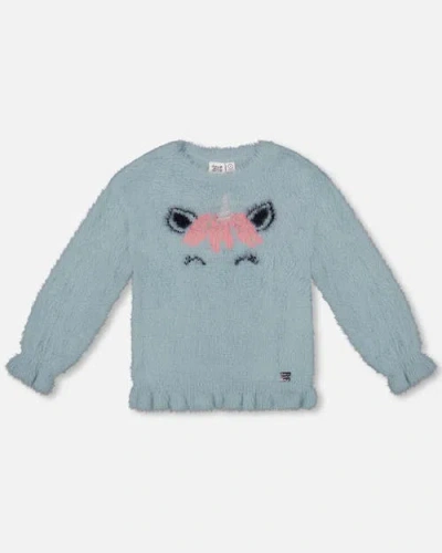 Deux Par Deux Girls' Unicorn Hairy Knit Sweater - Little Kid In Aqua Sea