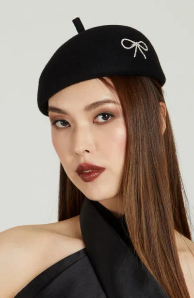 Eugenia Kim Coco Crystal Bow Wool Beret In Black