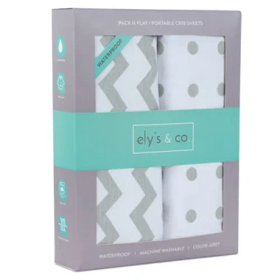 Ely's & Co. Baby Fitted Waterproof Pack N Play | Mini Portable Crib Sheet Set 2 Packs In Grey Chevron & Polka Dot