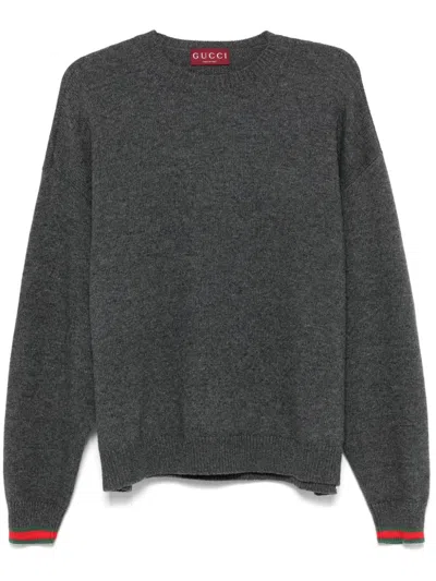 Gucci Grey Crewneck Sweater With Web Detail On The Cuffs In Wool And Cashmere Blend Woman In Gray