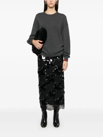 Gucci Grey Crewneck Sweater With Web Detail On The Cuffs In Wool And Cashmere Blend Woman In Gray