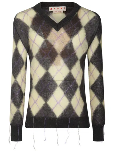 Marni Mens Endive Argyle-pattern V-neck Wool-blend Jumper In Braun