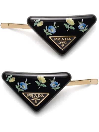 Prada Floral-print Hair Barrettes (set Of Two) In Schwarz