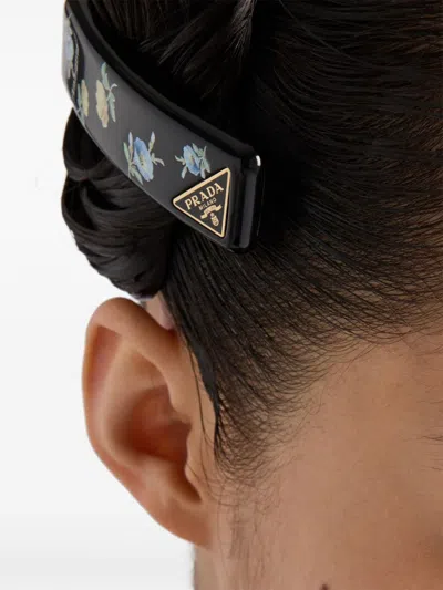 Prada Floral-print Hair Barrettes (set Of Two) In Schwarz