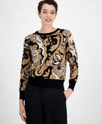 T Tahari Women's Paisley-print Crewneck Long-sleeve Sweater In Hazelwood