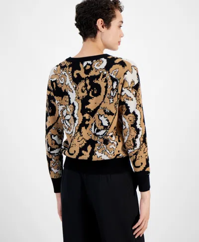T Tahari Women's Paisley-print Crewneck Long-sleeve Sweater In Hazelwood