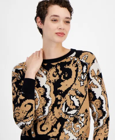 T Tahari Women's Paisley-print Crewneck Long-sleeve Sweater In Hazelwood