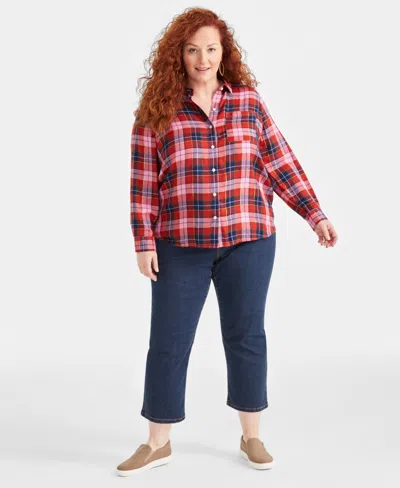 Style & Co Plus Size Shine Plaid Perfect Shirt, Created For Macy's In Plaid Pink Rain Lurex