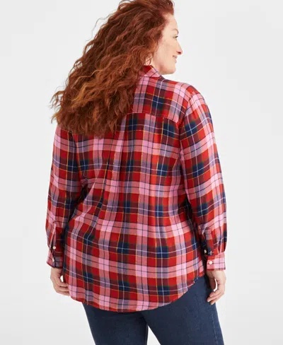 Style & Co Plus Size Shine Plaid Perfect Shirt, Created For Macy's In Plaid Pink Rain Lurex