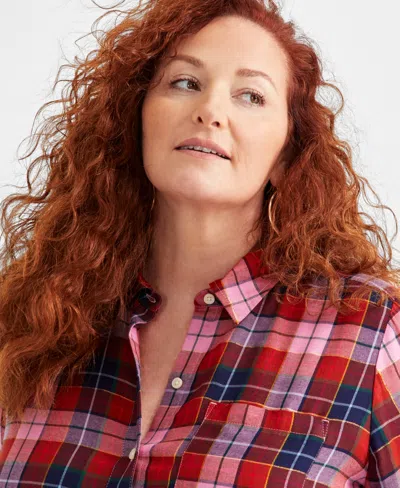 Style & Co Plus Size Shine Plaid Perfect Shirt, Created For Macy's In Plaid Pink Rain Lurex