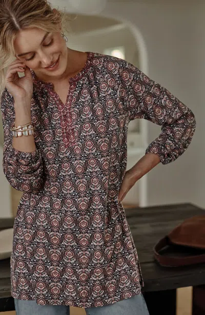 Jjill J.jill Pure Jill Printed & Embroidered Knit Tunic In Navy Blue Ornate Trellis