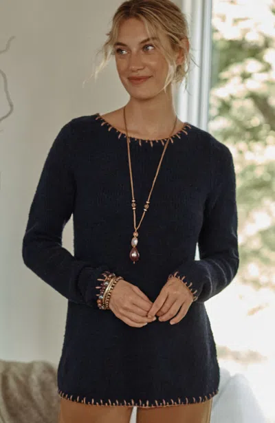 Jjill J.jill Pure Jill Whipstitch-trimmed Pullover Sweater In Navy Blue Multi