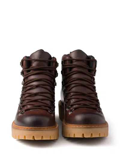 Prada Triangle-enamel Boots In Brown