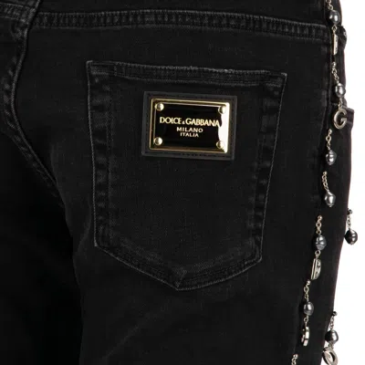 Pre-owned Dolce & Gabbana Dg Logo Silber Metall Perlen Anhäner Jeans Hose Slim Schwarz