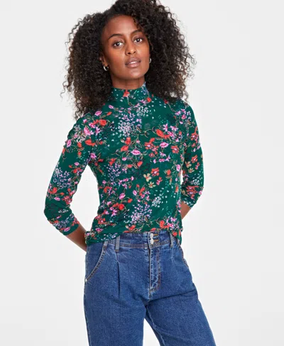 On 34th Women's Patterned Mock-neck Mesh Top, Created For Macy's In Dark Forest