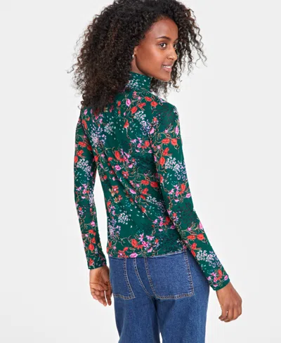 On 34th Women's Patterned Mock-neck Mesh Top, Created For Macy's In Dark Forest
