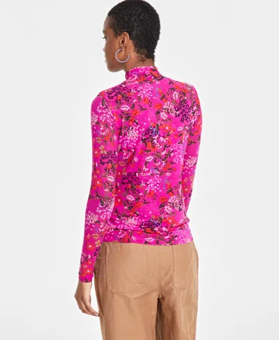 On 34th Women's Patterned Mock-neck Mesh Top, Created For Macy's In Magnta Moon