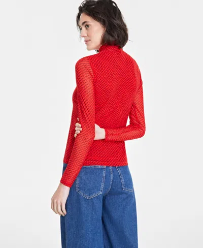 On 34th Women's Patterned Mock-neck Mesh Top, Created For Macy's In Fiery Red