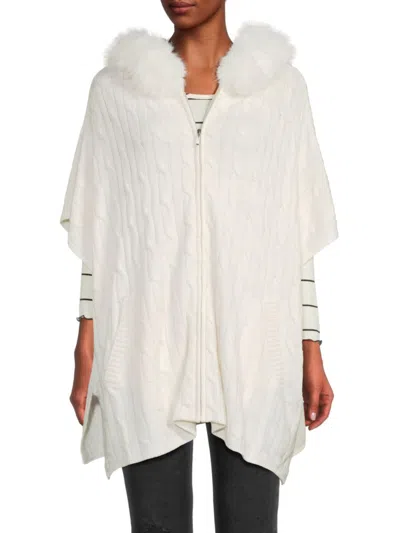 Saks Fifth Avenue Women's Wool Blend Faux Fur Trim Hooded Poncho In Frost White