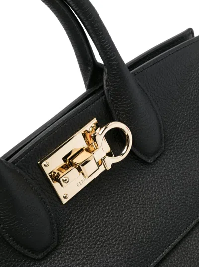 Shop Ferragamo Studio Black Handbag With Gancini Detail In Hammered Leather Woman In Nero