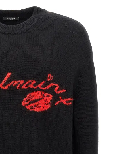 Balmain Virgin Wool Kiss Sweater With Lips Motif In Noir/rouge