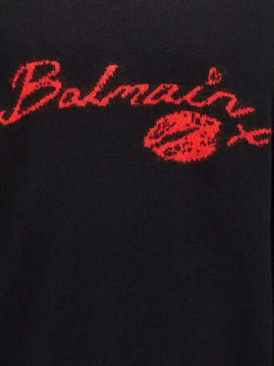 Balmain Virgin Wool Kiss Sweater With Lips Motif In Noir/rouge