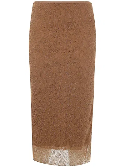 Shop Philosophy Di Lorenzo Serafini Lace-detailed Midi Skirt In Brown