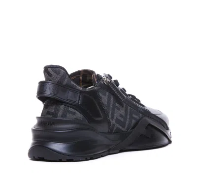 Fendi Men Leather Flow Sneakers With Ff Jacquard Fabric Inserts In Black