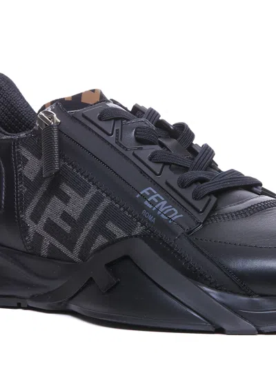 Fendi Men Leather Flow Sneakers With Ff Jacquard Fabric Inserts In Black