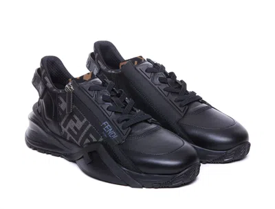 Fendi Men Leather Flow Sneakers With Ff Jacquard Fabric Inserts In Black