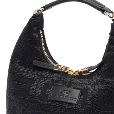 Shop Elisabetta Franchi Monogram Jacquard Logo Patch Hobo Bag In Black