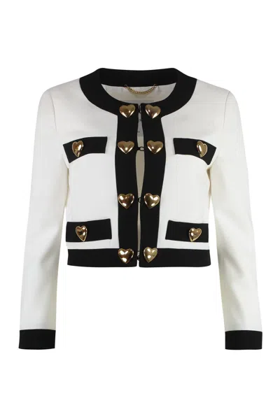 Shop Moschino Heart Embellished Long-sleeved Cropped Jacket In White