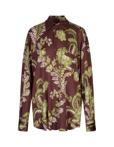 Shop Etro Burgundy Shirt With Floral Foliage Print In Bordeaux