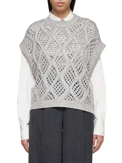 Shop Brunello Cucinelli Sequin-detailed Cap-sleeved Jumper In Greige+quarzo