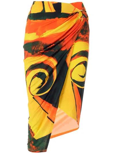 Louisa Ballou Yellow Coastline Checkmate Print Wrap Midi Skirt In Multicolour