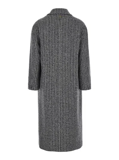 Twinset Grey Double-breasted Coat With With Fishbone Motif In Wool Blend Woman In Neve/nero