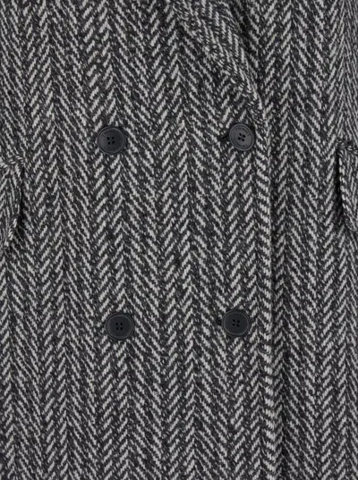 Twinset Grey Double-breasted Coat With With Fishbone Motif In Wool Blend Woman In Neve/nero