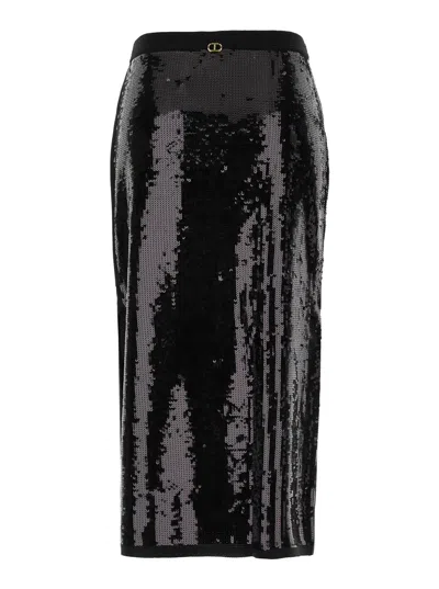 Twinset Black Midi Skirt With Sequins All-over In Black