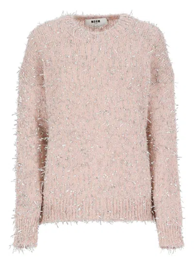 Shop Msgm Frayed-effect Drop Shoulder Jumper In Pink