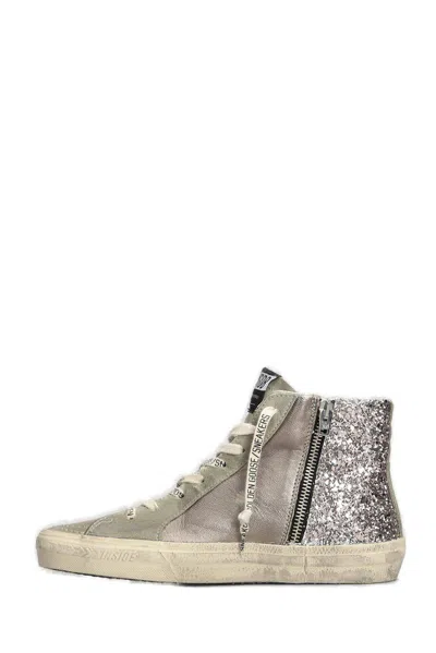 Shop Golden Goose Slide Sequin-embellished Sneakers In Bronze/silver/taupe/red Wine/white