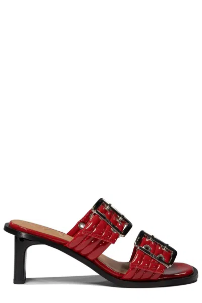 Shop Ganni Eyelet Detailed Buckled Mules In Red