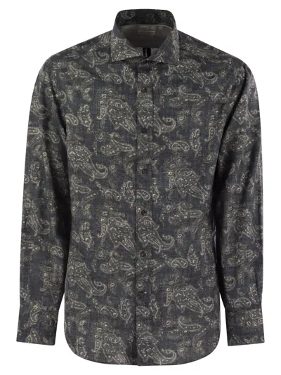 Shop Brunello Cucinelli Slim Fit Cotton Paisley Canvas Shirt In Antracite