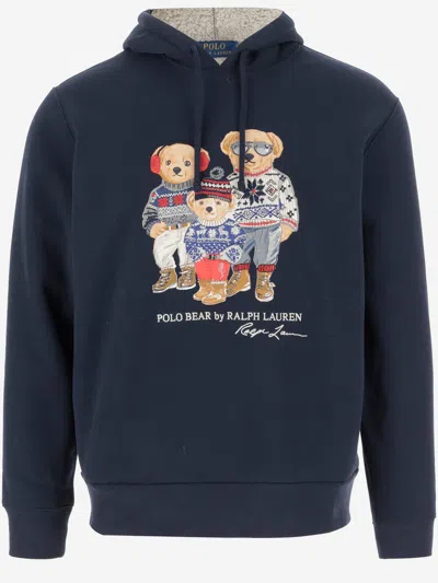 Shop Polo Ralph Lauren Cotton Blend Hoodiewith Polo Bear  In Blue