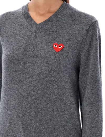 Shop Comme Des Garçons Play Heart Embroidered V-neck Jumper In Med Gray