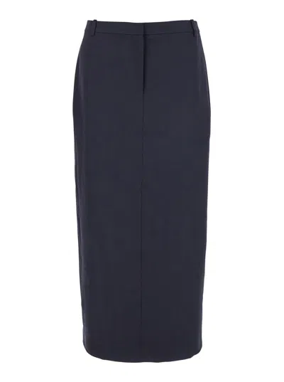 Theory Midi Blue Skirt With Slit In Wool Blend Woman In Blue
