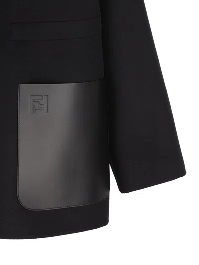 Shop Fendi Logo Embossed High-neck Coat In Black/grey