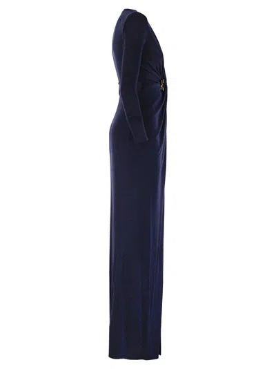 Shop Elisabetta Franchi Red Carpet Dress In Lurex Jersey With Knot And Logo Accessory In Blue