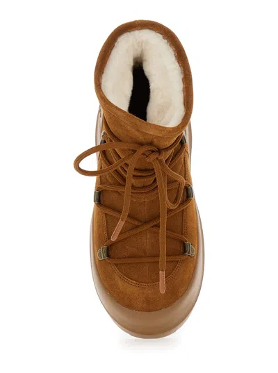 Moon Boot Luna Brown Ankle Boots With Laces In Suede And Tech Fabric Woman In Brandy