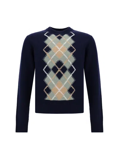 Ami Alexandre Mattiussi Blue Crewneck Sweater With Argyle Motif In Wool And Cashmere Man In Beige