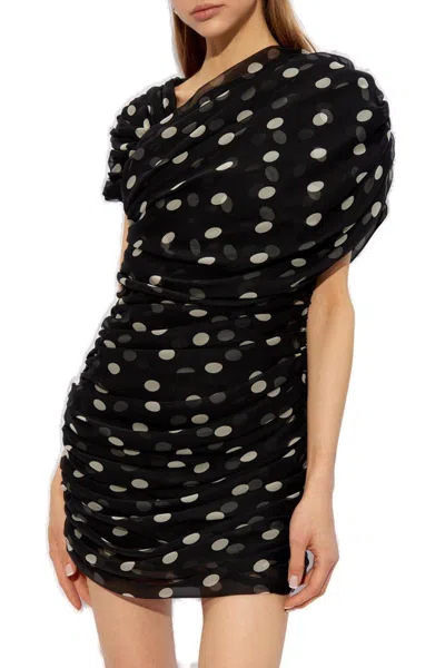 Saint Laurent Draped Polka-dot Mini Dress In Black